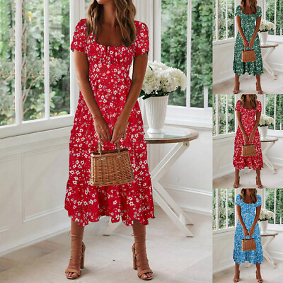 #ad Women Boho Floral Midi Dress Summer Ladies Holiday Beach Party Loose Sun Dress $21.79