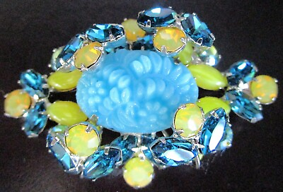 #ad Stunning Sea Blue amp; Lemon Yellow Rhinestone Molded Blue Flower Vintage Pin $149.99