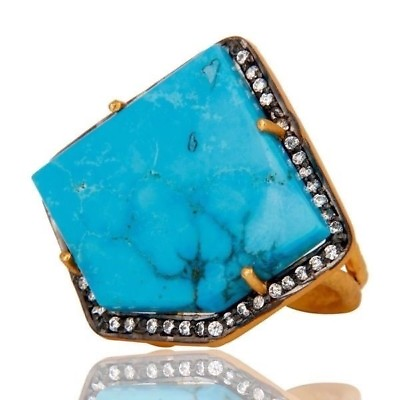 #ad Yellow Gold Plated 925 Silver Turquoise Gemstone Rings Handmade Jewelry $83.24