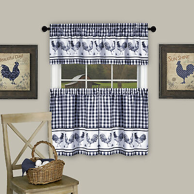 #ad 3 Piece Window Kitchen Curtain Set Check Gingham with Rooster Birds Design $19.49