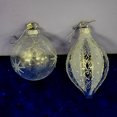 #ad Teardrop Round Clear Glass Ornaments w Silver amp; Iridescent Glitter Set of 2 $9.90