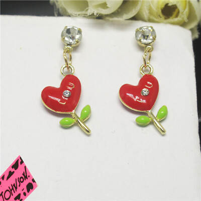 #ad New Fashion Women Red Enamel Lovely Love Flower Crystal Stand Earrings Gift $2.96