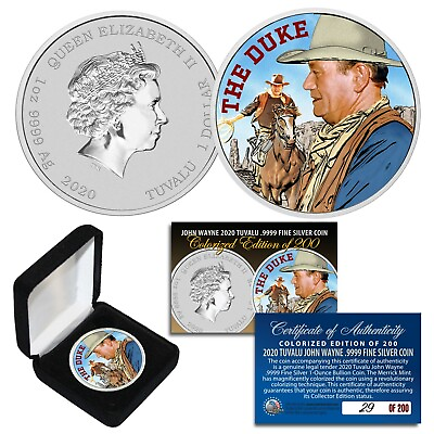 #ad 2020 1 OZ Pure Silver BU Tuvalu JOHN WAYNE The Duke Colorized Coin S N # of 200 $79.95