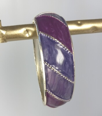 #ad Purple Enamel Bracelet Oval Bangle Silver Trim Tone Clamp Hinge 90s $8.95