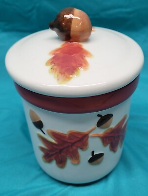 #ad Hallmark Fall Autumn Ceramic Candle Jar Canister Crock Leaves Acorns Festive $27.59