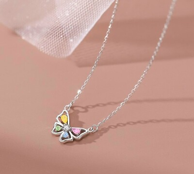 #ad #ad Crystal Colourful Butterfly 925 Sterling Silver Necklace Chain Womens Jewellery GBP 3.49