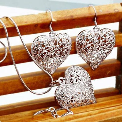 hot 925 sterling Silver Heart Necklace Earring Jewelry set Fashion women Charm C $3.90