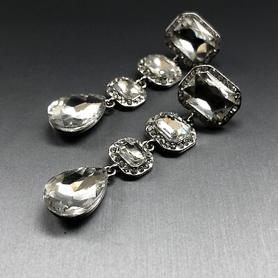 #ad Crystal Drop Pierced Earrings Clear Long Dangles Vintage $19.99
