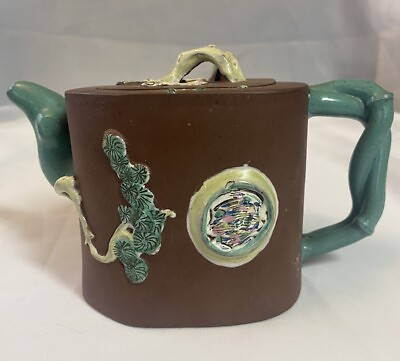 #ad Antique Chinese Yixing Zisha Clay Teapot With Colorful Glaze Of 3 WINTER FRIENDS $99.49