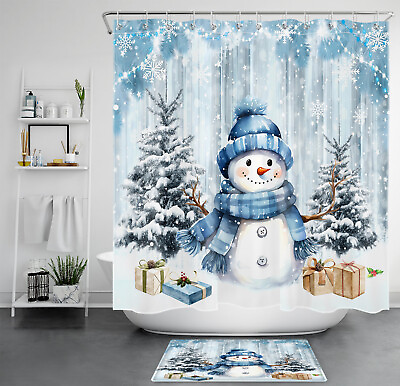 #ad Winter Forest Snowy Pine Tree Blue Snowman Shower Curtain Set for Bathroom Decor $33.99