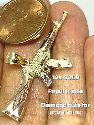 #ad GOLd 14k Gun Pendant AK47 Rifle Machine weapon solid charm Necklace gift 1.60quot; $163.28