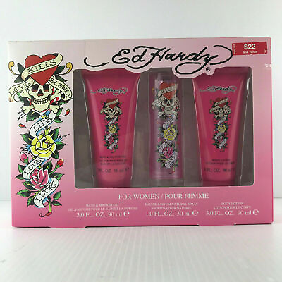 #ad Ed Hardy Women 3pc set Parfum Spray 1.0 oz Lotion and Shower Gel 3.0 oz New Box $34.95