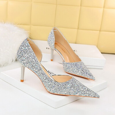 #ad Womens Pointed Toe Glitter Sequin Stilettos Heel Party Wedding Formal Pump Shoes $38.60