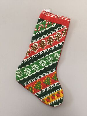 #ad Vintage Christmas Crewel Embroidered Stocking Candy Cane Tree Bells Gingerbread $14.99