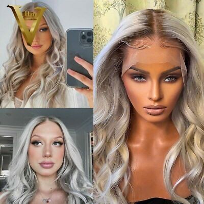 #ad Silver Grey Body Wave Lace Front Human Hair Wig Women Transparent HD Pre Plucked $264.86