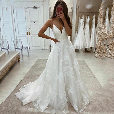 #ad Spaghetti Straps Lace Wedding Dresses A Line V Neck Flowers Boho Bridal Gowns $144.00