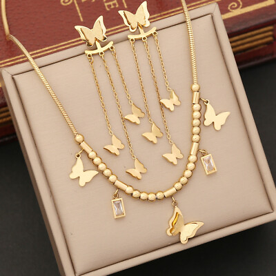 #ad Women#x27;s New Fashion Butterfly Necklace 3pcs Jewelry Set Stainless Steel Jewelry $21.99