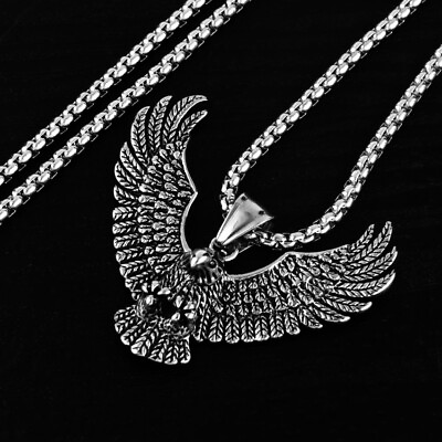 #ad Mens Silver Bald American Eagle Pendant Necklace Punk Biker Jewelry Chain 24quot; $11.99