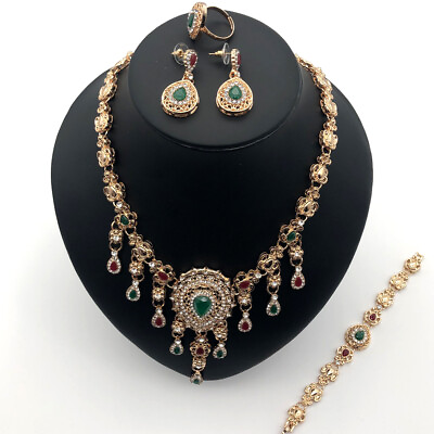 4Pcs Indian Jewelry Sets Wedding Kundan Dubai Gold Necklace Set for Bridal Party $13.09