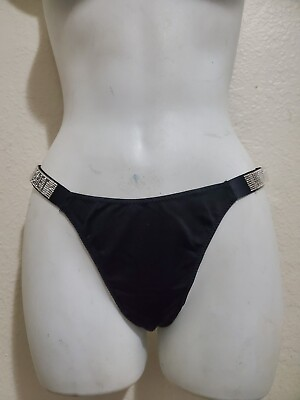 #ad New Victoria#x27;s Secret Very Sexy Thong Size L Black Rhinestone Shine Strap $9.99