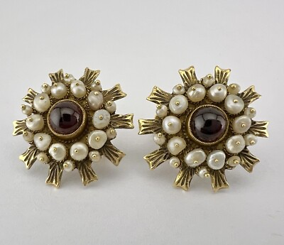 #ad Antique Victorian Etruscan 18k Gold Bohemian Garnet amp; Seed Pearl Earrings 14.5g $1395.00