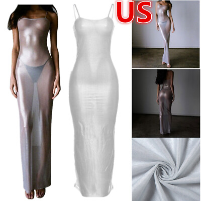 #ad US Women Mesh See Through Maxi Long Dress Shimmering Backless Bikini Swimsuit $15.69