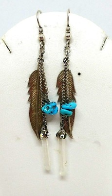#ad 3 strand Sterling Silver 925 dangle Earrings Turquoise Feathers $25.00