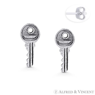 #ad Antique Finish Rustic Door Key Charm .925 Sterling Silver Ladies#x27; Stud Earrings $14.39