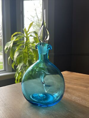 #ad Vintage MCM Blenko Glass Blue Teardrop Genie Bottle Decanter Pinch Turquoise $85.00