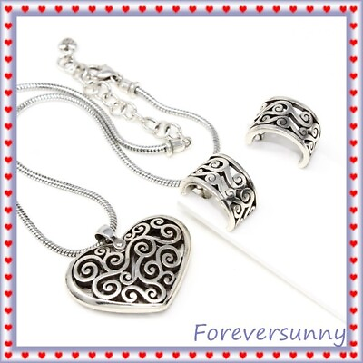 #ad Brighton Diva Heart Pendant Necklace Hoop Silver Earrings Set Pouch $61.16