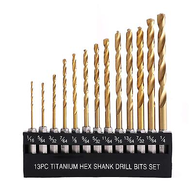 #ad Titanium Twist Drill Bit Set 13 Pcs Hex Shank High Speed Steel for Wood Pla... $19.21