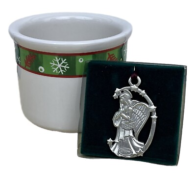 #ad Longaberger Baskets Pottery Holiday One Pint Crock with Pewter Angel Ornament $17.49
