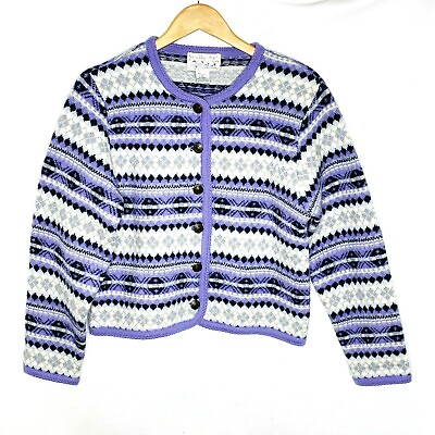 #ad Tally Ho Womens Medium Purple White Wool Button Down Sweater Cardigan Jacket $31.97