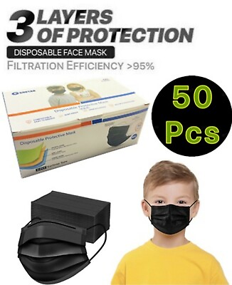 #ad 50 PCS Black Kids Face Mask Mouth amp; Nose Protector Respirator Masks USA Seller $9.88