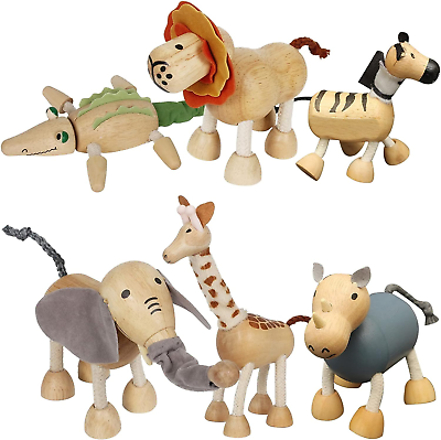 #ad 6 Pack Bendable Wooden Animal Figurines Toys Smooth Natural Wood Zoo Jungle Saf $43.99