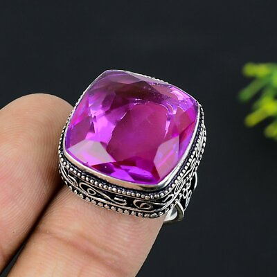 #ad Pink Amethyst Gemstone Handmade 925 Sterling Silver Jewelry Ring Size 8 v870 $9.99