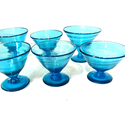 #ad Blown Art Glass Blue Swirl Optic Champagne Cocktail Sherbet Dessert Glasses Lot $42.50