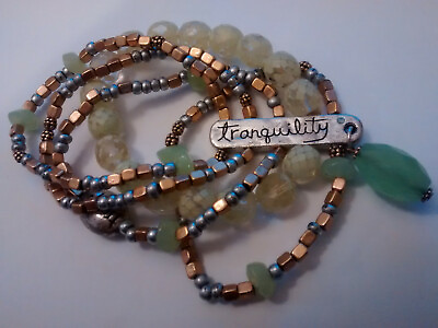 #ad Tranquility 5 Strand Stretch Elastic Bracelet Green and Goldtone Lovely Gift $8.50