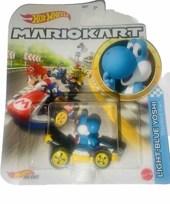#ad Hot Wheels Mario Kart Light Blue Yoshi Standard Kart 1:64 DieCast Character Car $15.99