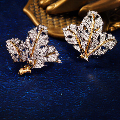 #ad Retro Style Solid 18K Gold Diamond Pave Leaf Earrings COA $8648.98