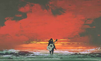 #ad 3D Girl Guitar Sea Sunset Wallpaper Wall Mural Removable Self adhesive 113 AU $349.99