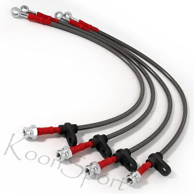 #ad 97 01 Prelude Front Rear Oil Brake Line Stainless Steel Braided Kit Silver Red $29.65