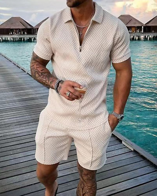 #ad Fashion Casual New Men#x27;s Polo Set Mesh Print Short Sleeve Zipper Two Piece Suit $32.33