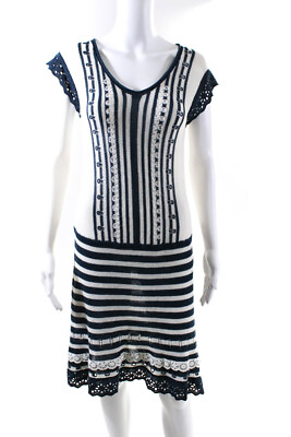 #ad Nanette Lepore Womens Blue Silk Linen Striped Scoop Neck Shift Dress Size M $40.81