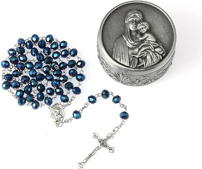 #ad Rosary Beads catholic blue crystal beads necklace rosary box Christian $55.00