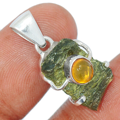 #ad Natural Genuine Czech Moldavite amp; Baltic Amber 925 Silver Pendant CP15762 $43.99