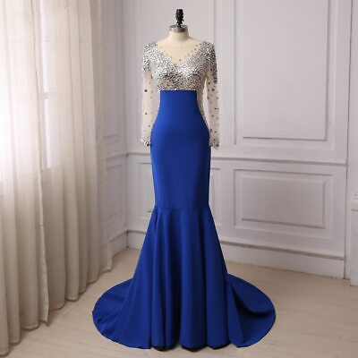 #ad Royal Blue Evening Dresses Mermaid Long Sleeves Scoop Neck Sweep Train Prom Gown $150.11