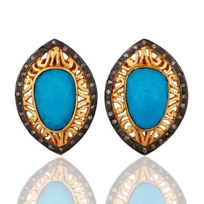#ad Pave Diamond 925 Silver Turquoise Gemstone Women#x27;s Stud Earrings Jewelry C $200.10
