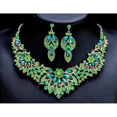 #ad GREEN FALL COLOR Necklace Set Earrings Rhinestone $29.99