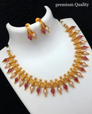 #ad Indian Bollywood Style Gold Plated Kundan Choker Necklace Ruby Pearl Jewelry Set $29.99